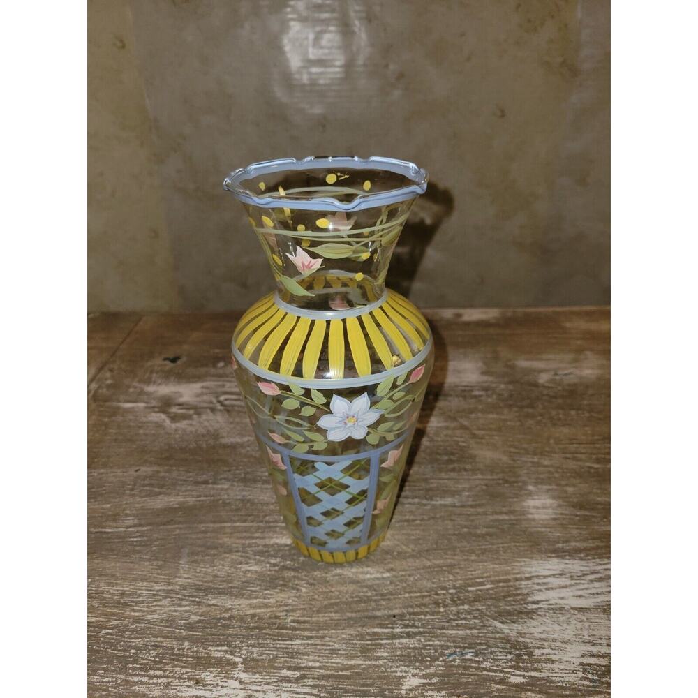 Hand painted Floral Lattice Yellow Vase Scalloped Top Edges